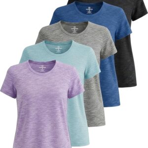 Real Essentials 5 Pack: Women's Short Sleeve T-Shirts Workout Tops Fitness Pilates Gym Activewear Athletic (Plus Available)